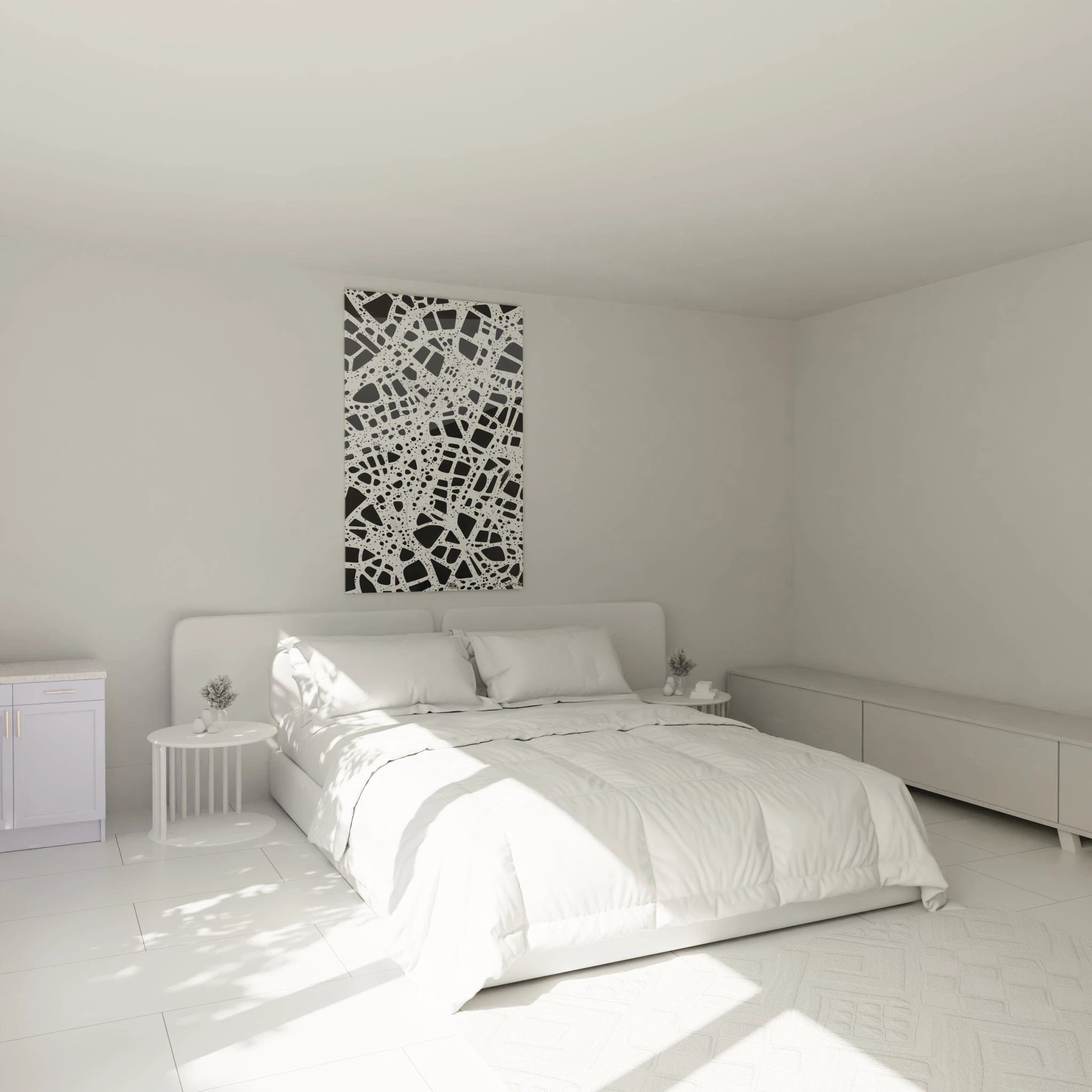 Tableau tacheté noir et blanc Walensky décorant une chambre moderne aux murs clairs