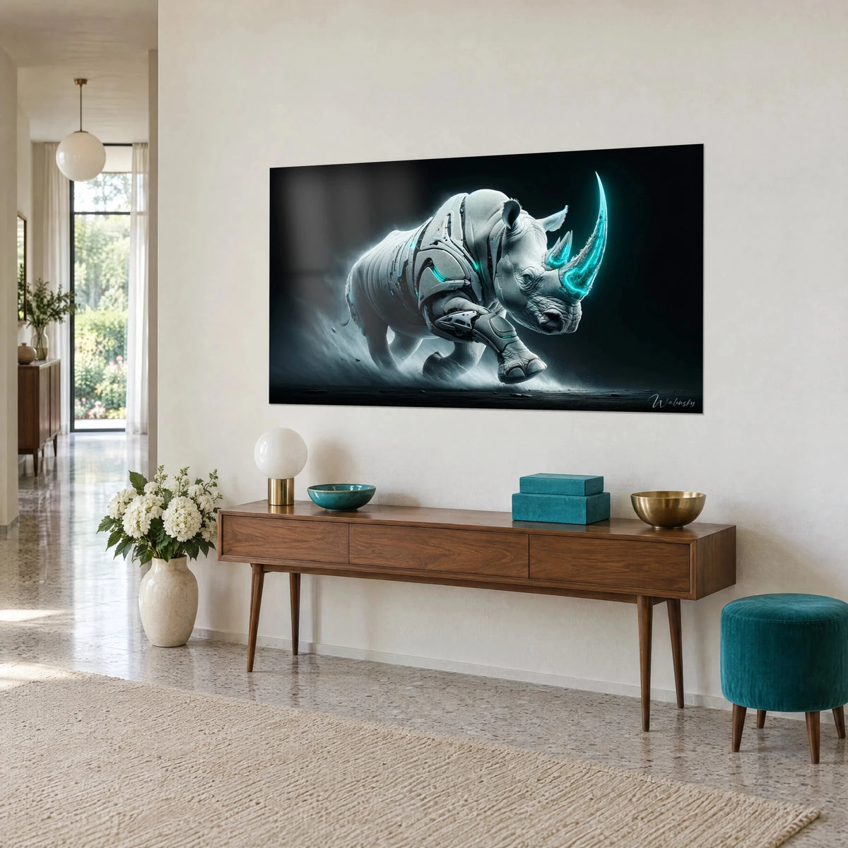 Tableau colosse blindé aux plaques ivoire et néons cyan, poussière grise sous les pattes, mur crème d'une maison années 50