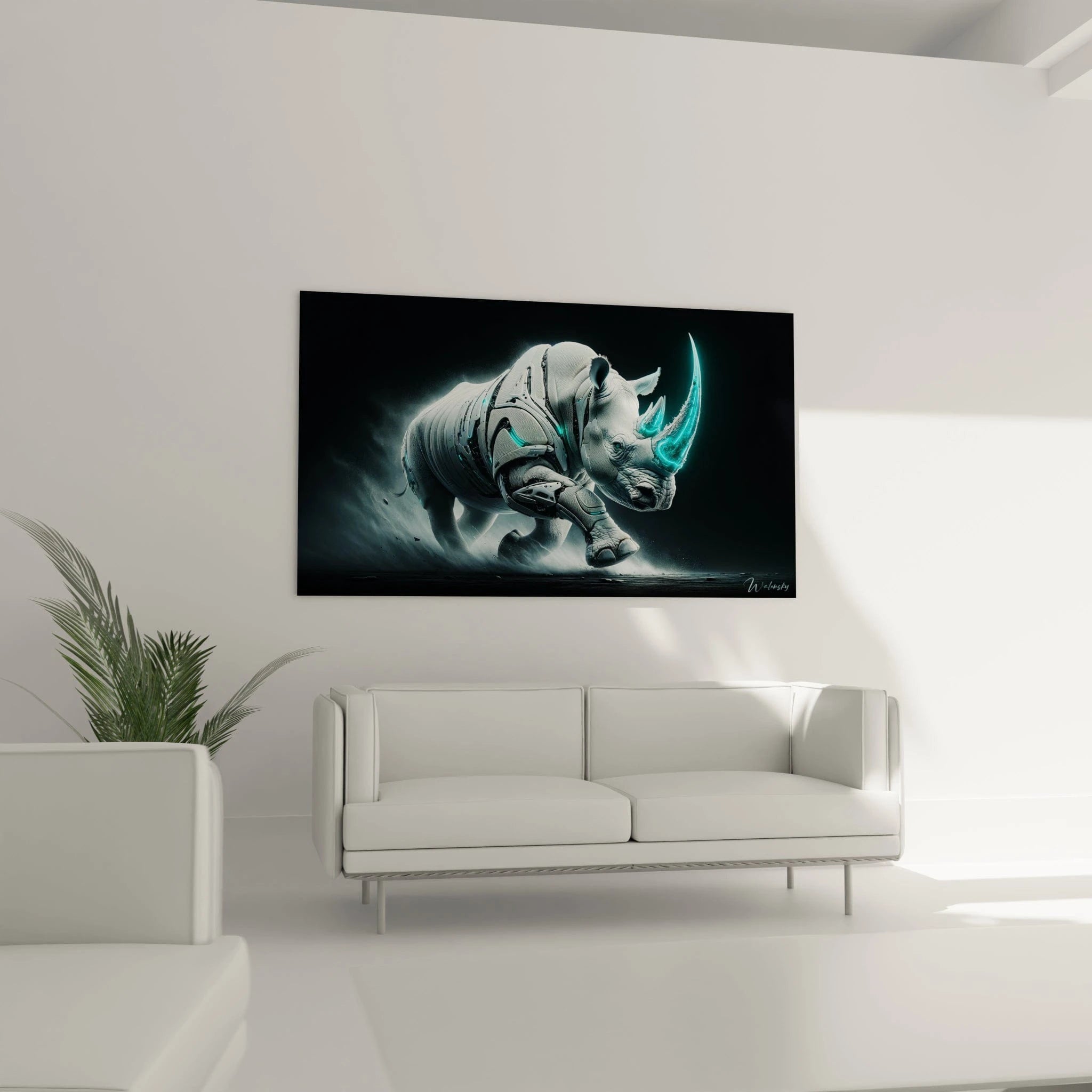 Un tableau d'animal montrant un rhinocéros modifié avec des implants technologiques courant sur une surface poussiéreuse. Les tons de gris et blanc prédominent avec des éléments lumineux turquoise. La texture combine l'aspect granuleux de la peau avec des surfaces lisses évoquant des pièces robotiques.
