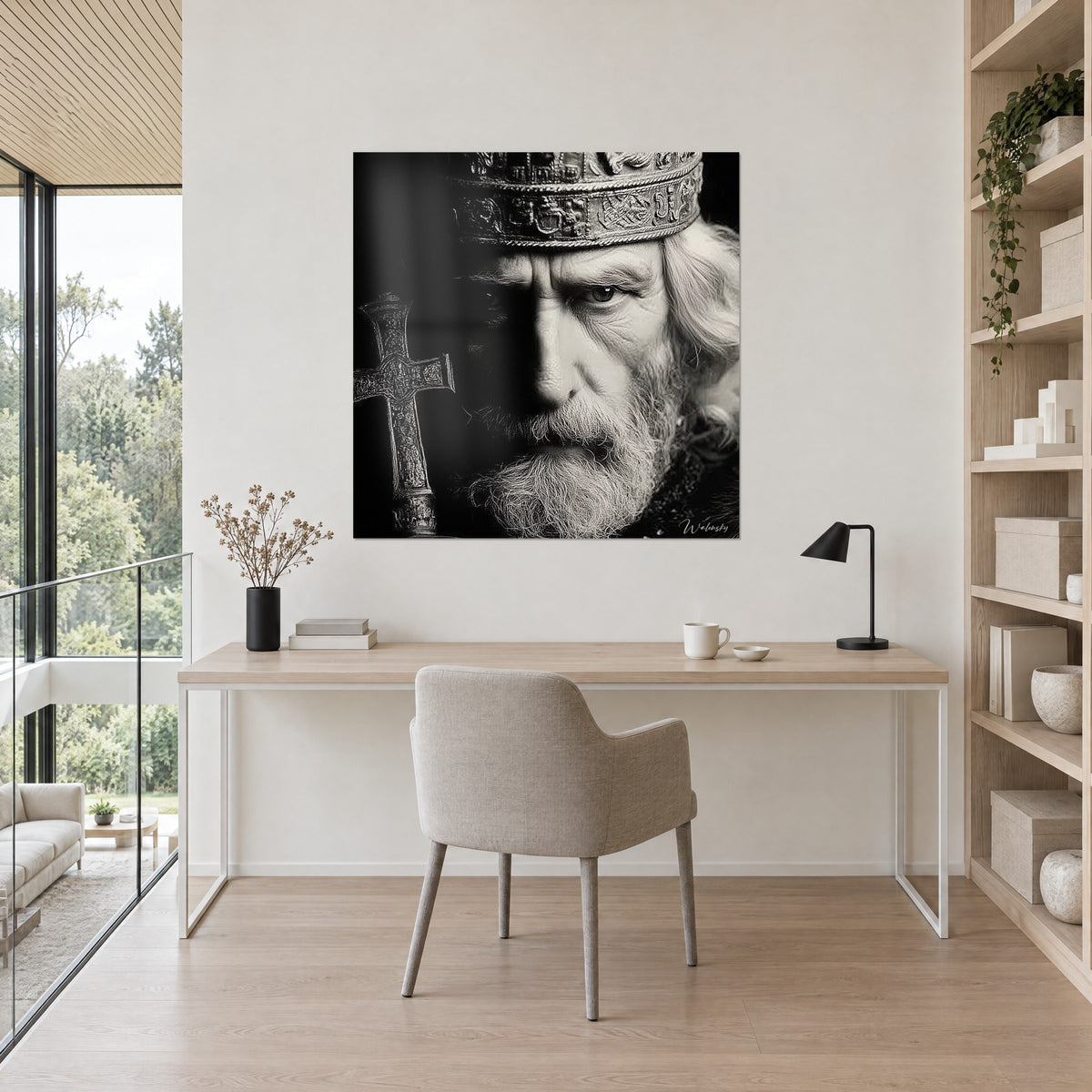 Cuadro del rostro de un rey barbudo, cruz labrada a la izquierda, blanco plateado sobre fondo negro, pared clara detrás de un escritorio de madera