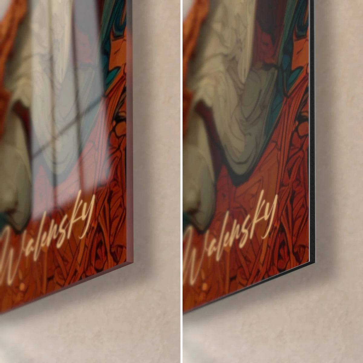 Schilderij van een witbebaarde heerser, rechtsonder in de hoek: glanzend acrylglas links, mat Dibond rechts, handtekening Walensky