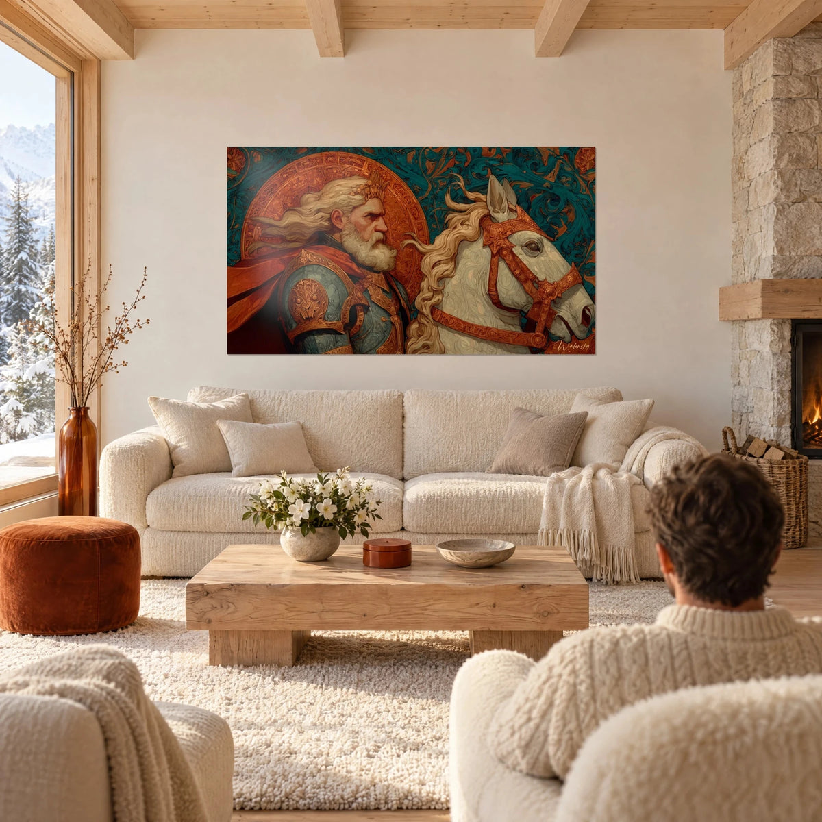 Schilderij van een bebaarde keizer met gouden kroon en zijn witte strijdros, koper en turquoise, boven een bank in een lichte woonkamer