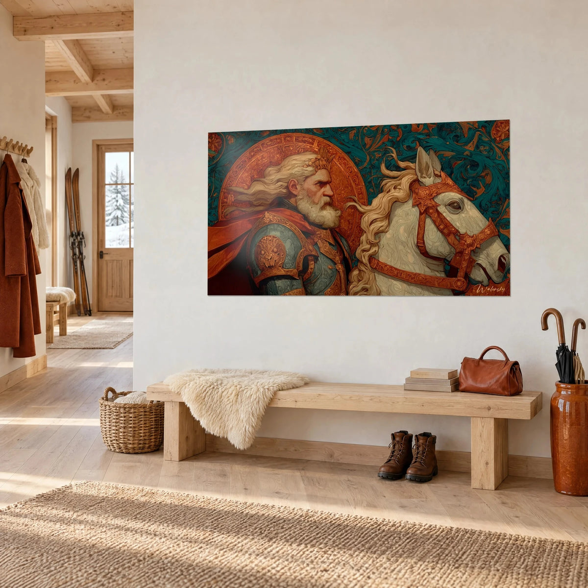 Schilderij van een wit paard met gegraveerd koperen tuigage, blonde manen in de wind tegen een turquoise achtergrond, driekwartaanzicht in een chalet
