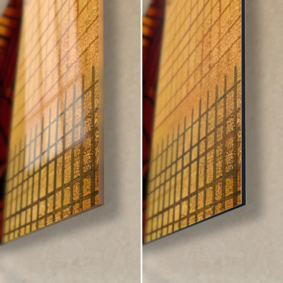 Tableau danseuse africaine en ombre, quadrillage doré du fond, coin bas droit : verre acrylique brillant à gauche, alu Dibond mat à droite