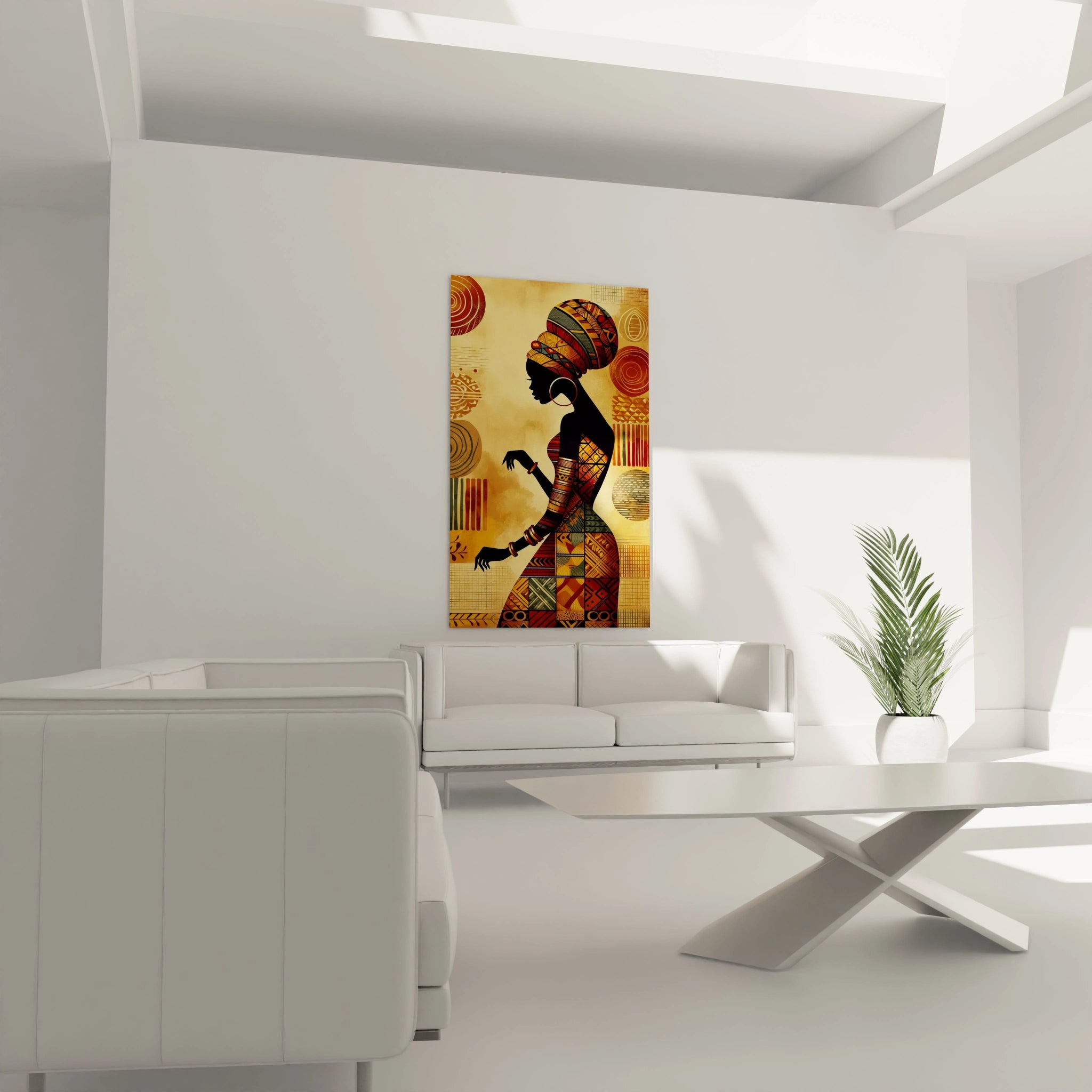 Dans le salon, le tableau africain captivera tous les regards avec ses teintes chaudes et ses motifs inspirés des tissus traditionnels africains, créant une ambiance chaleureuse et apaisante.

