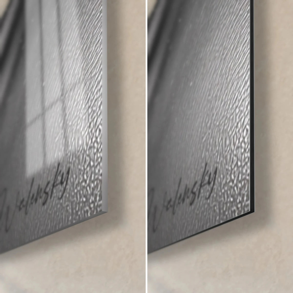 Gemälde Frauenporträt in Schwarz und Silber, untere rechte Ecke: glänzendes Acrylglas links, mattes Dibond-Aluminium rechts, 3 mm Kante