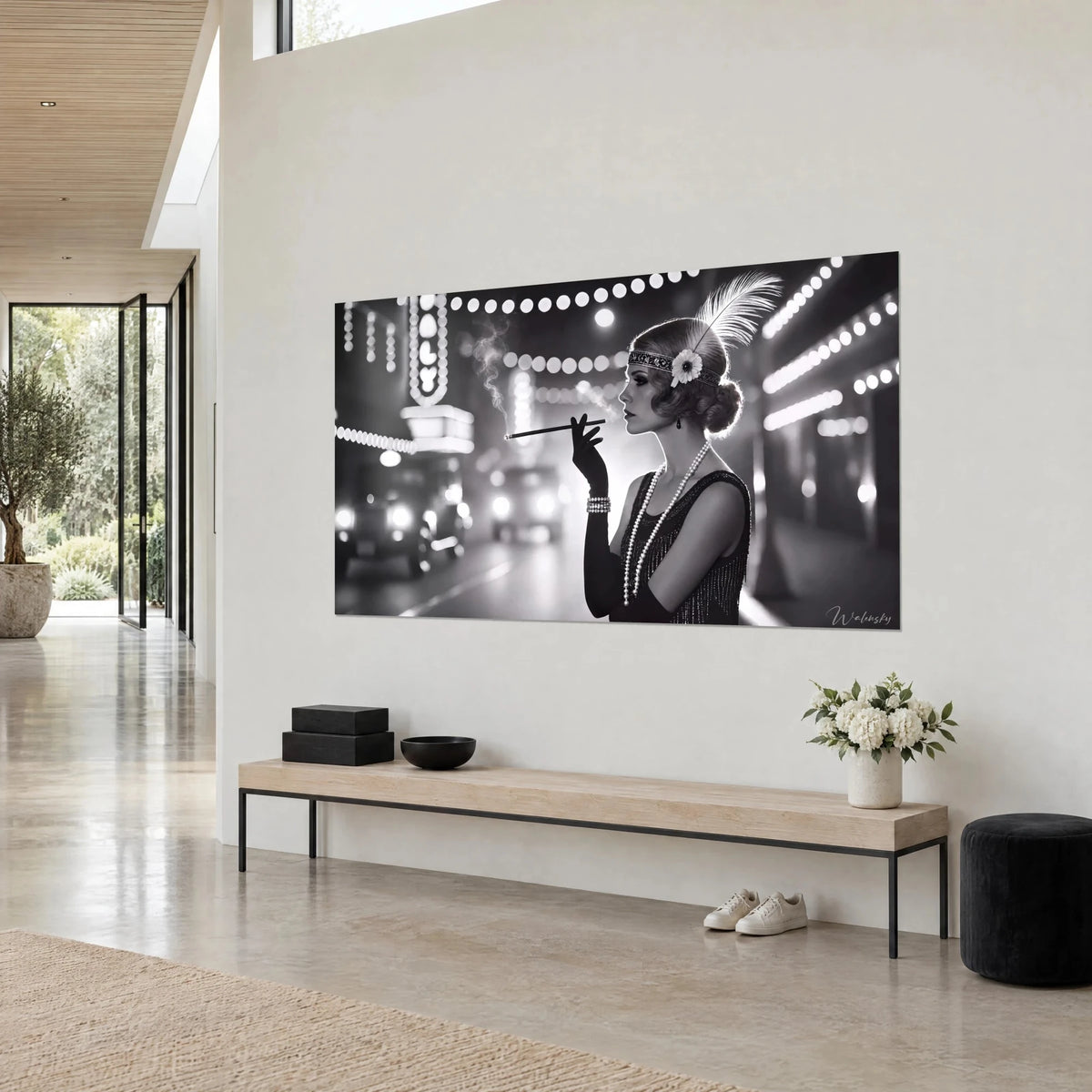 Wall art flapper with a flowered headband and black gloves, grey smoke, blurred round light bulbs, black and white, cream wall of an architect's house
