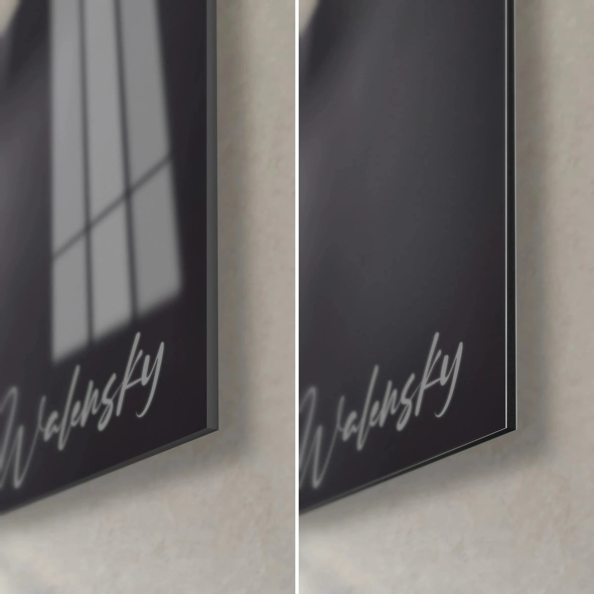 Wall art elegant 1920s lady, bottom right corner: glossy acrylic glass on the left, matte black Dibond on the right, Walensky signature, 3 mm edge