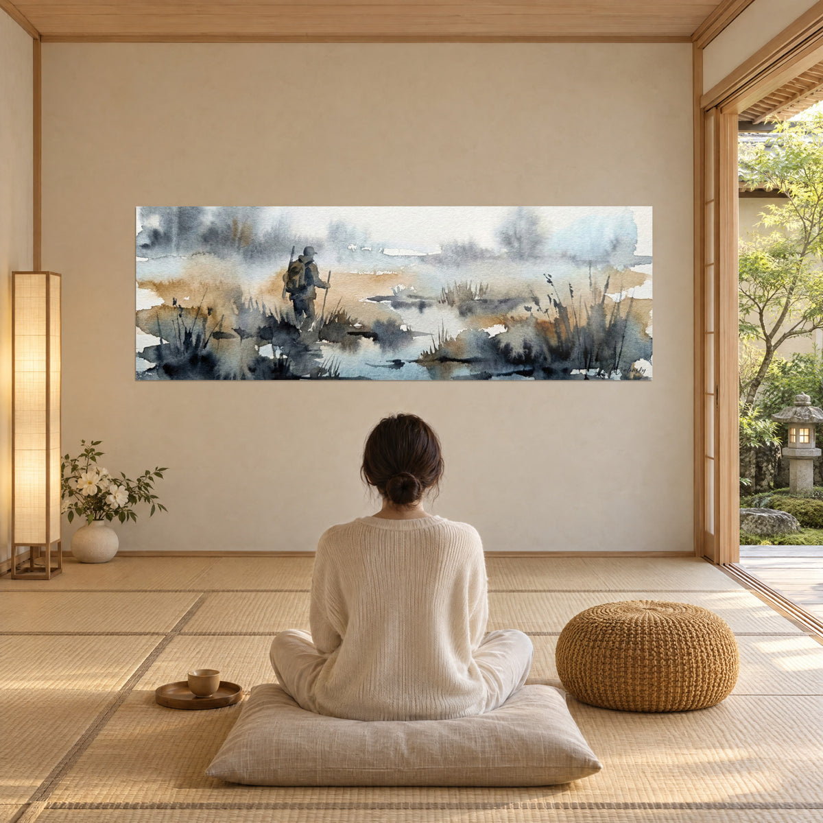 Tableau chasseur au fusil dans une brume d'étang, taches bleu acier et ocre, devant une personne assise de dos sur un coussin