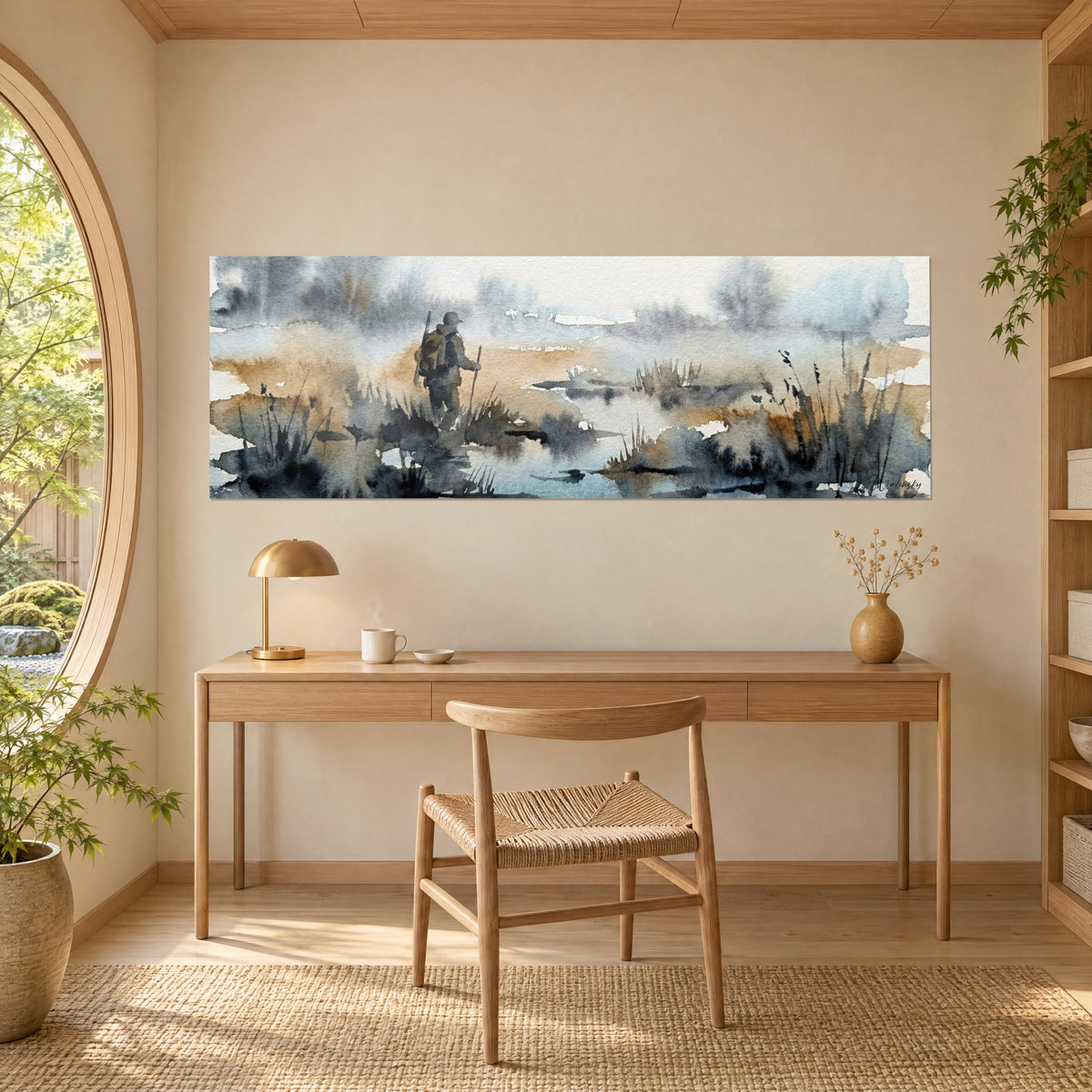 Tableau marcheur dans les joncs d'un marécage au petit matin, bleu pâle et brun doré, au-dessus d'un bureau en bois clair