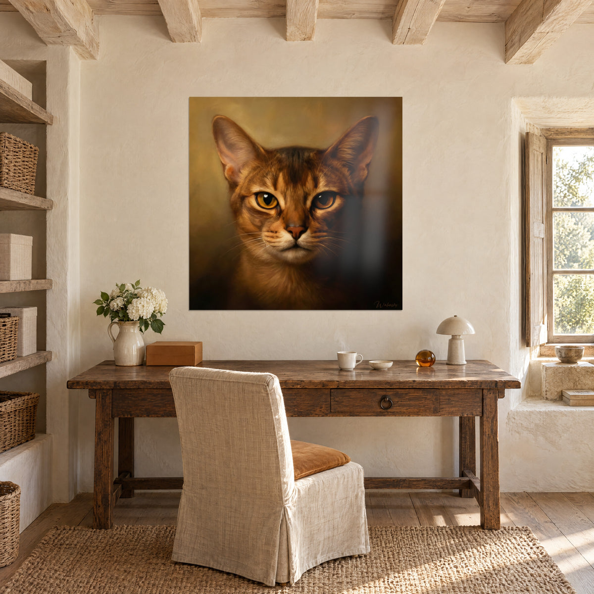 Πίνακας γάτα Abyssinian σε λάδι, ξανθοκόκκινο τρίχωμα και κεχριμπαρένια ίριδα, πάνω από ακατέργαστο ξύλινο γραφείο και λινή καρέκλα