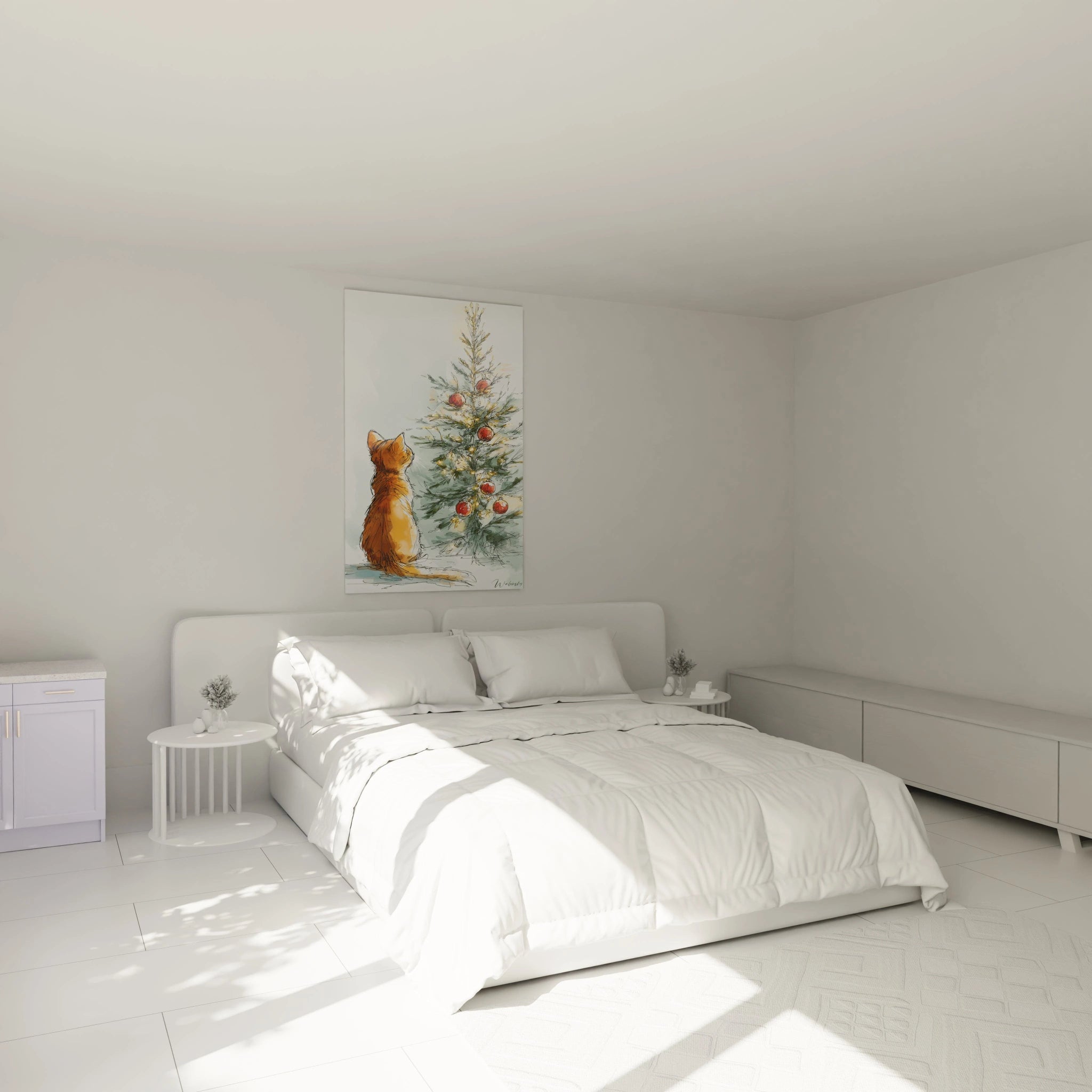 Tableau chat sapin Noël de Walensky décorant une chambre moderne et lumineuse