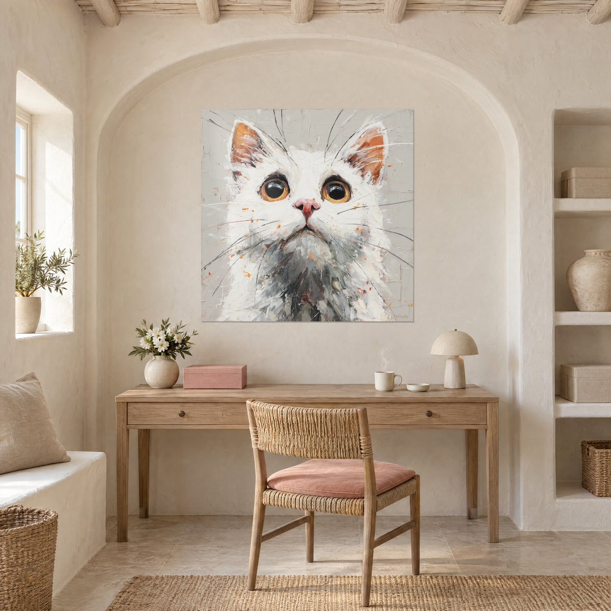 Πίνακας πρόσωπο λευκής γάτας Angora, μελί ίριδες και ροζ μύτη, σε καμαρωτή κόγχη πάνω από ξύλινο γραφείο