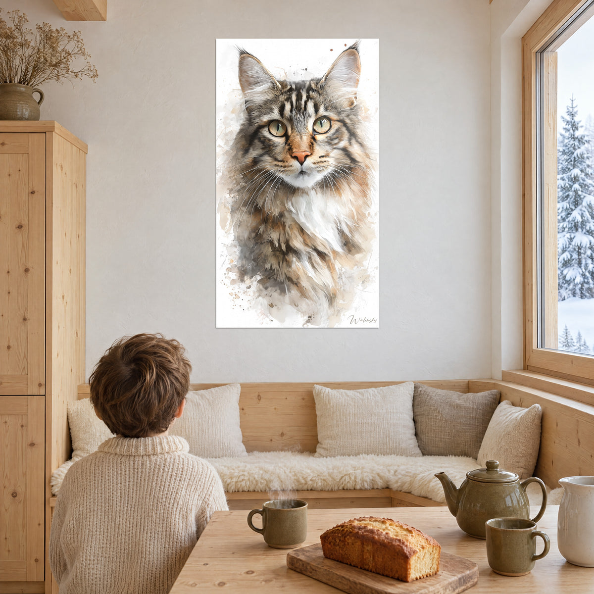 Πίνακας American Bobtail με κρεμ στήθος, πιτσιλιές ώχρας και καφέ, απέναντι σε παιδί καθισμένο σε τραπέζι κοντά σε χιονισμένο παράθυρο