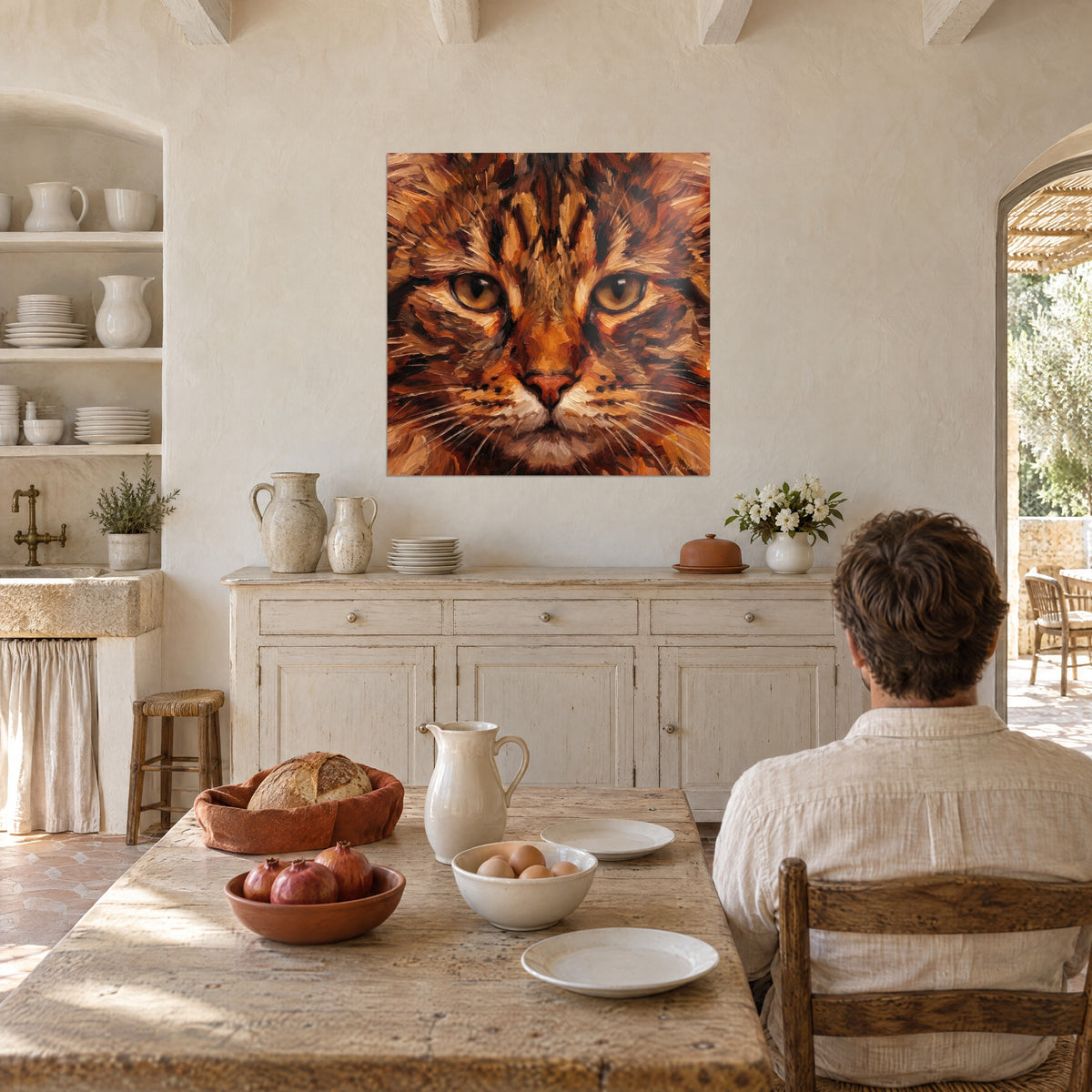 Πίνακας γάτα American Bobtail με χρυσά μάτια, κόκκινο και έβενο τρίχωμα, απέναντι σε άντρα καθισμένο με την πλάτη στο τραπέζι λευκής κουζίνας