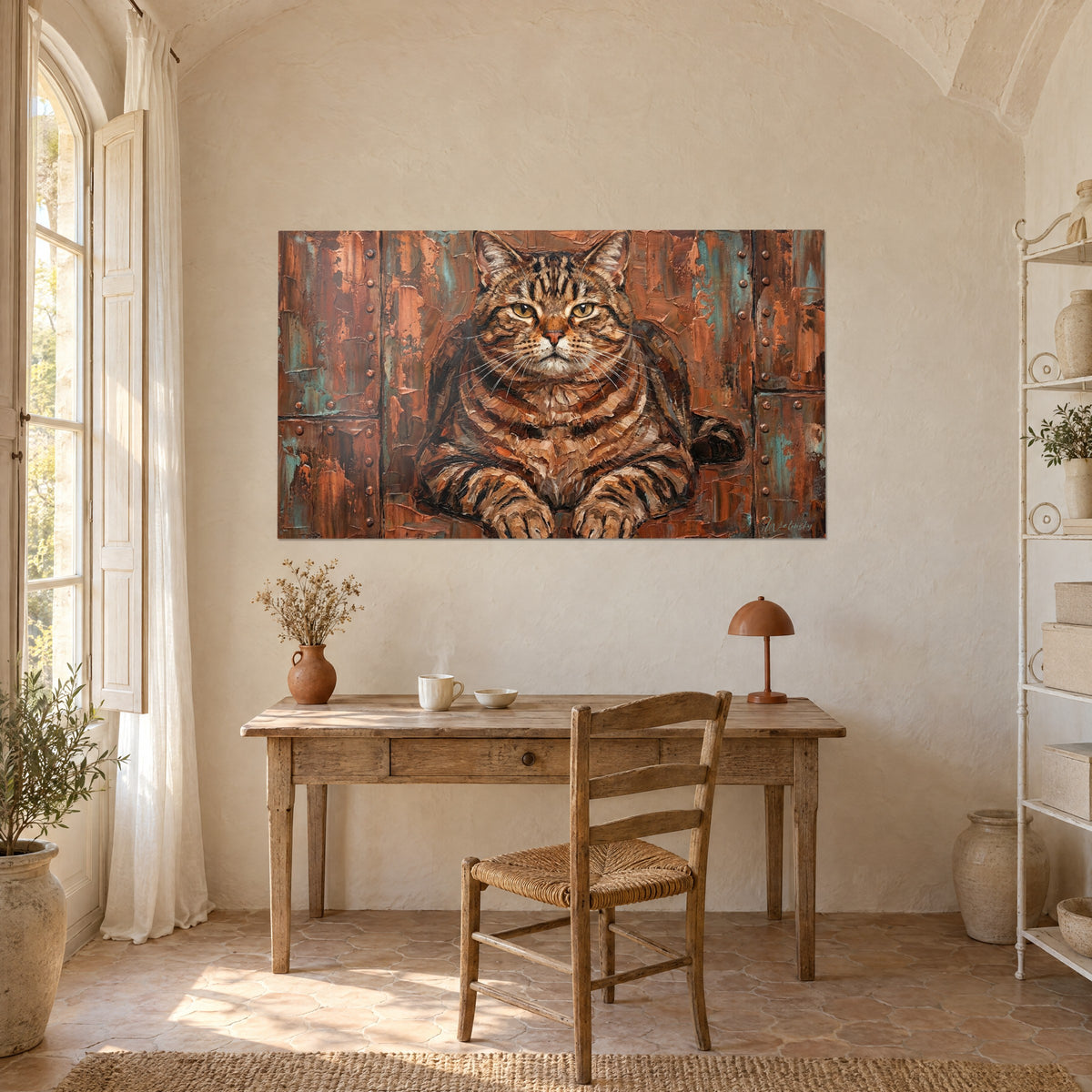 Wall art Majestic tomcat painted with a palette knife, pink muzzle and caramel fur on a rust background, hung above a light wood desk