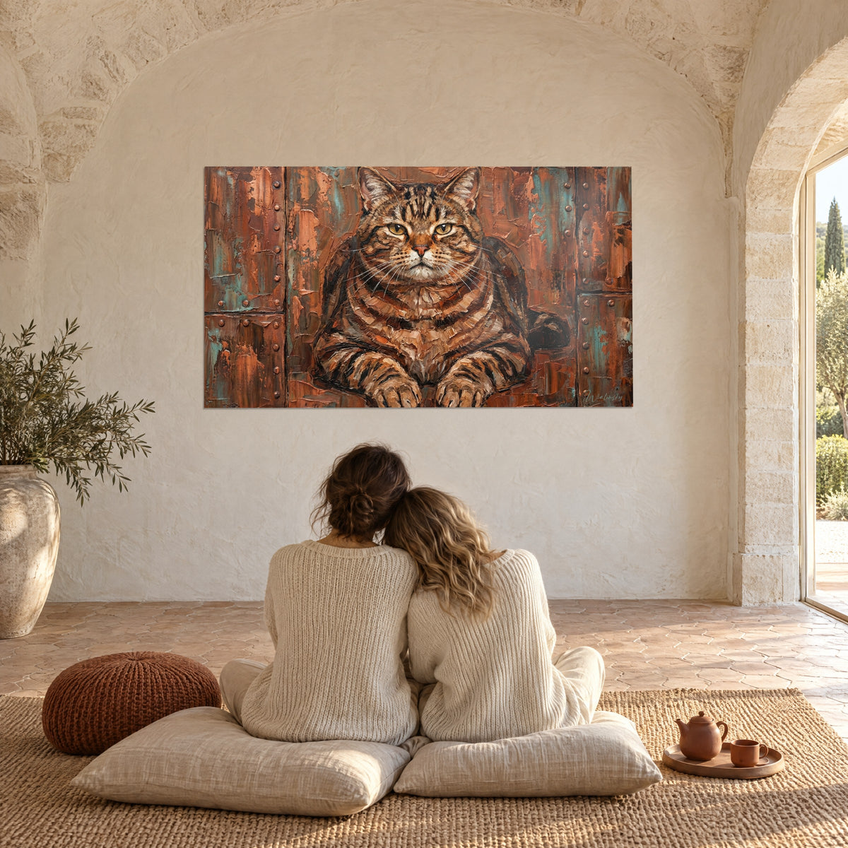 Wall art Well-fed cat with its paws set in front of it, copper tones and patinated blue-green, large vaulted room of the Provençal farmhouse