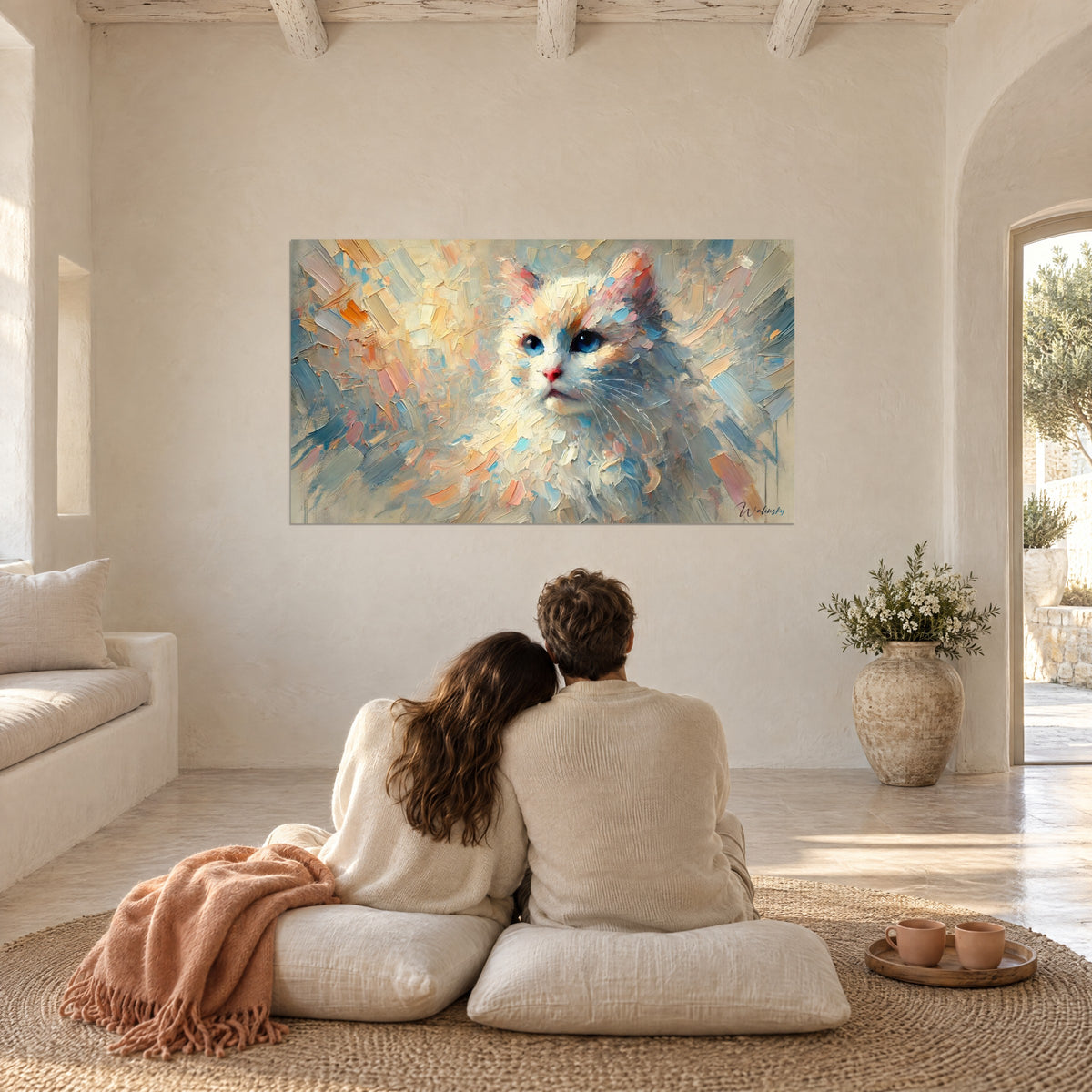 Cuadro felino esponjoso en óleo pastel, ocre y azul, en la pared frente a una pareja acurrucada sobre cojines