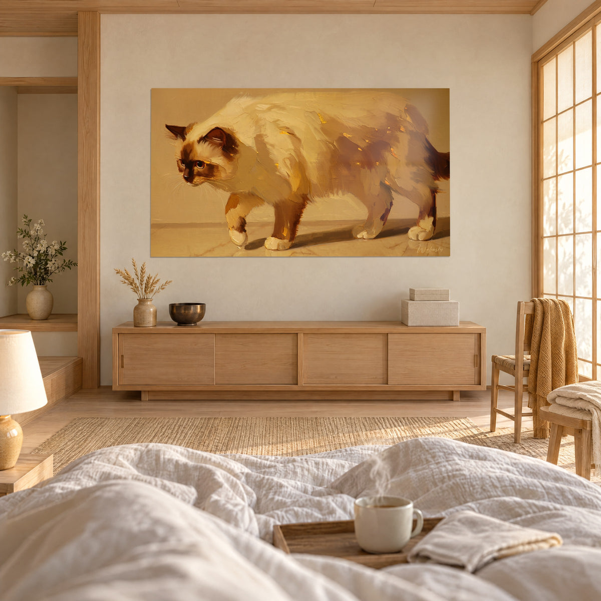 Cuadro gato birmano crema de patas marrones y blancas, empastes ocre, visto de espaldas encima de una cama en un dormitorio luminoso