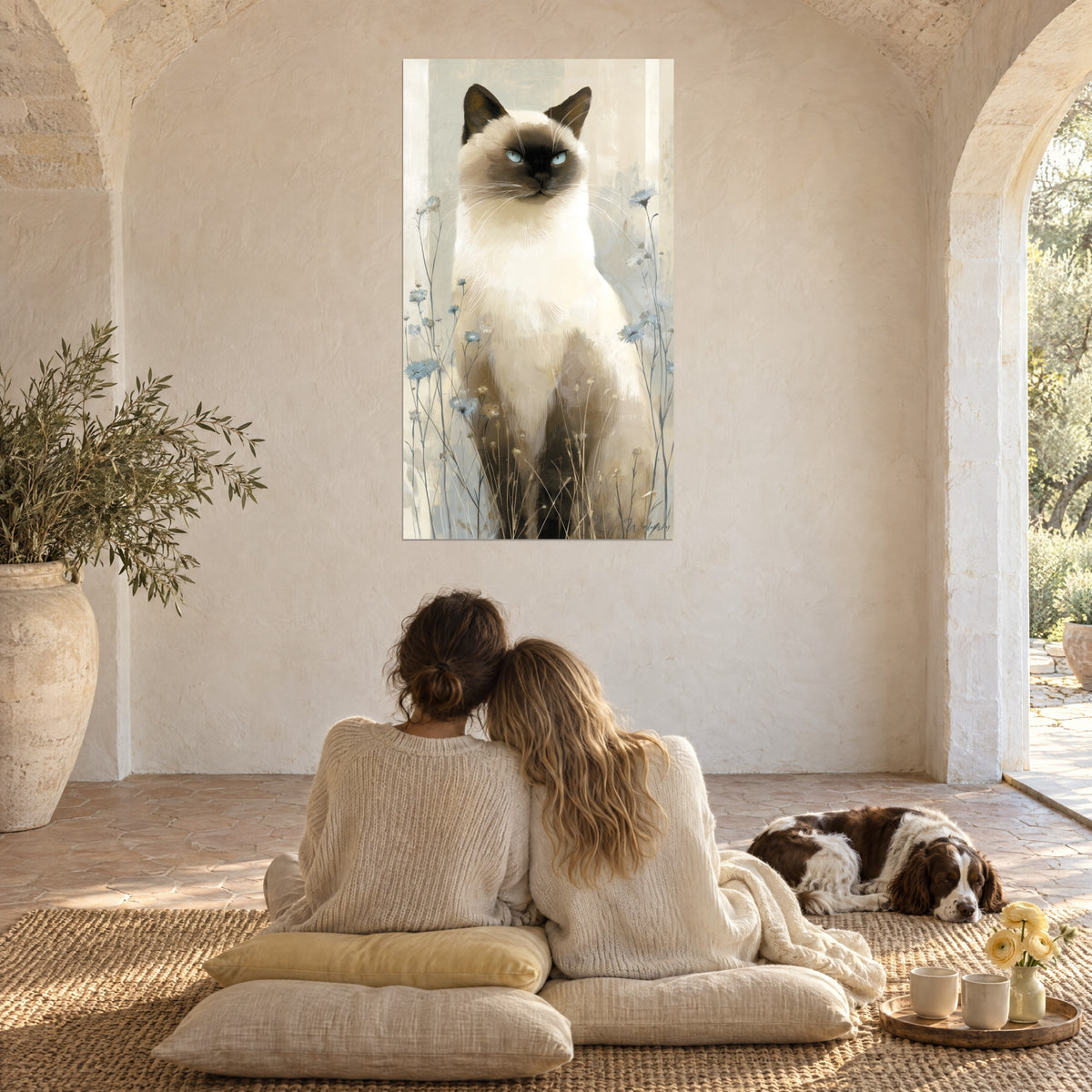 Quadro maestoso gatto birmano, pelliccia sabbia e crema, delicati fiordalisi, sotto una volta di pietra, coppia di spalle e uno spaniel