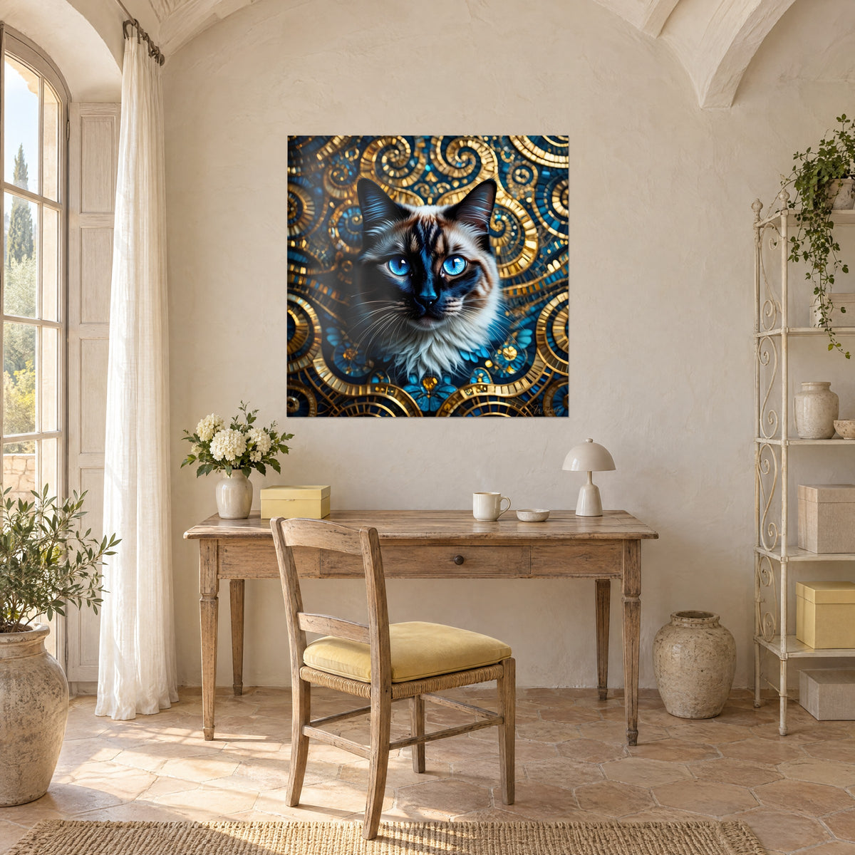 Cuadro de gato siamés de ojo zafiro, fondo de conchas doradas y mosaico azul noche, colgado sobre un escritorio de madera clara