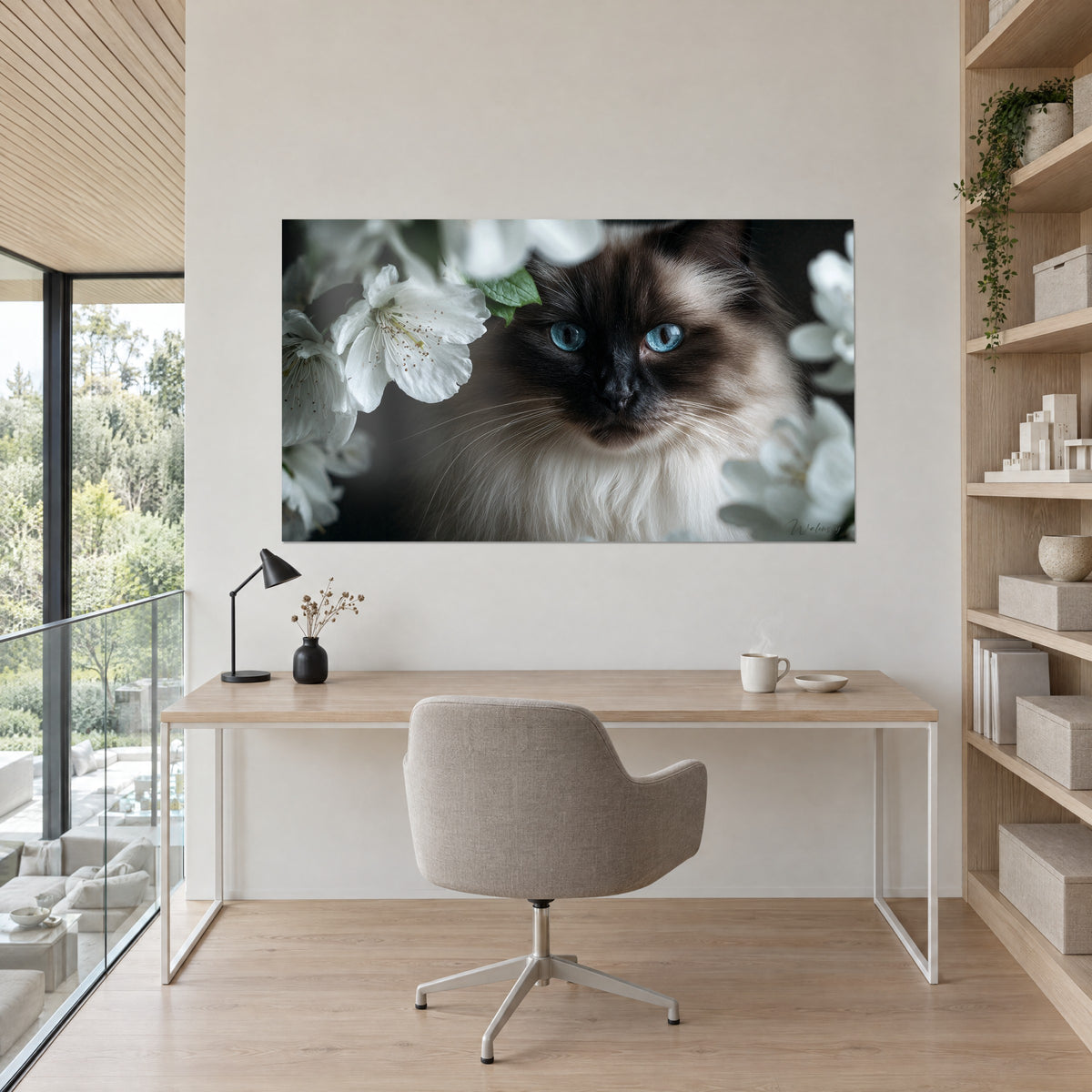Πίνακας γάτα Birman με μαύρο ρύγχος και μάτια σαφείρι, λευκό ανθισμένο κλαδί και πράσινο φύλλωμα, απέναντι από γραφείο από ανοιχτόχρωμο ξύλο και τη βιβλιοθήκη του