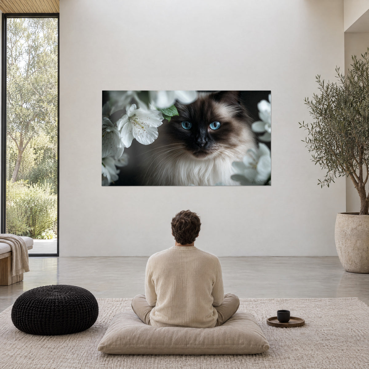 Πίνακας γάτα ragdoll με γαλάζιες κόρες, θολά λευκά άνθη με χρυσούς στήμονες, πάνω από μαύρο μαξιλάρι σε λιτό σαλόνι