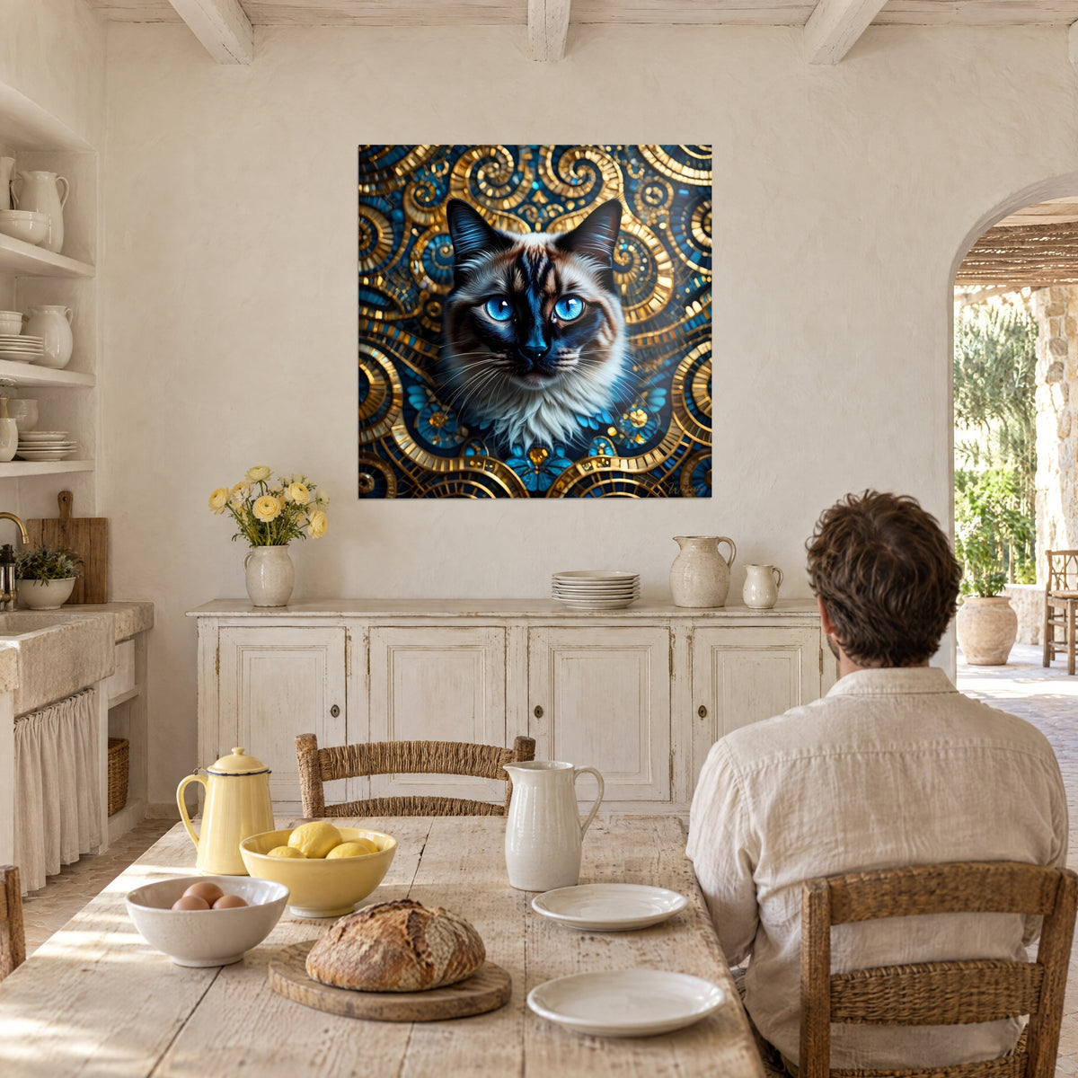 Cuadro de cara de gato de bigotes blancos, espirales ocre dorado y flores azur, en una cocina soleada junto a una mesa