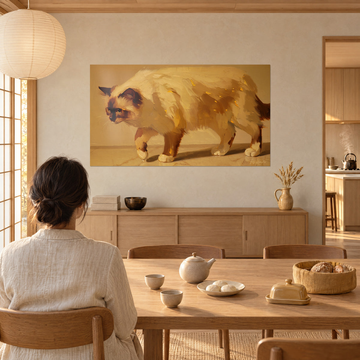 Cuadro gran gato de pelo largo beige y caramelo, destellos dorados, admirado por una mujer de espaldas junto a una mesa de madera
