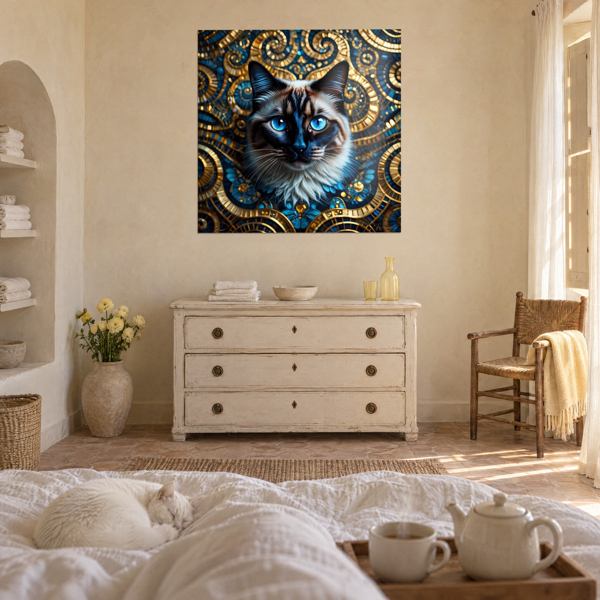 Cuadro gato ragdoll de mirada turquesa, rodeado de arabescos dorados y flores azules, sobre una cama en un dormitorio luminoso