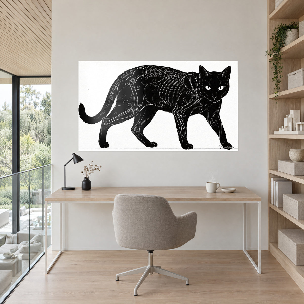 Cuadro gato misterioso con adornos óseos plateados, mirada dorada fija, fondo blanco roto, frente a un escritorio de madera clara y una silla gris