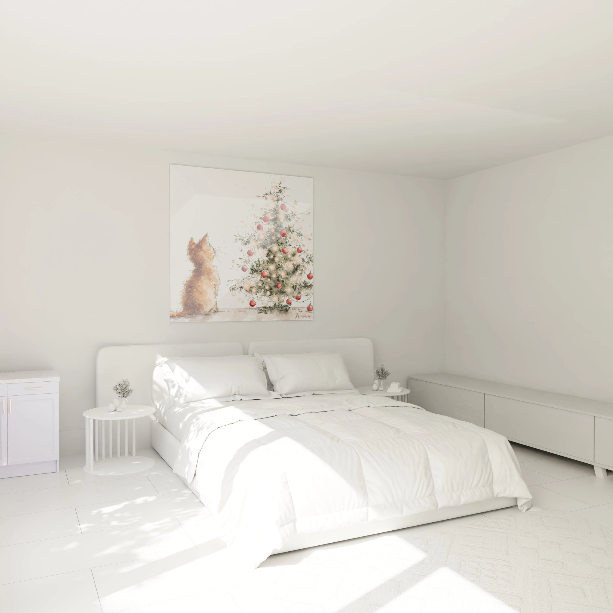 Tableau mural chat Noël avec un arbre décoré dans une chambre moderne et lumineuse