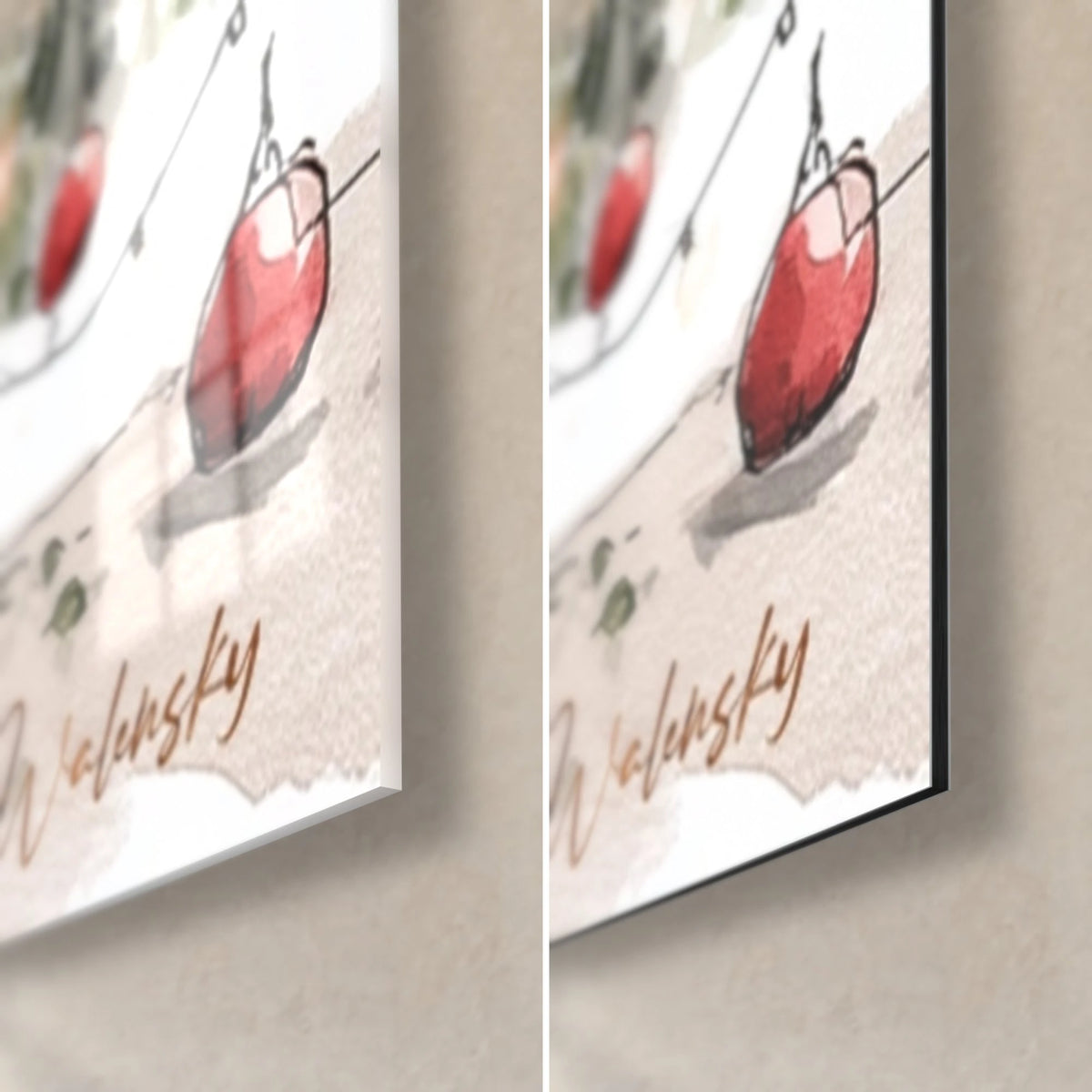 Wall art of a ginger kitten and watercolour fir tree, bottom right corner: red bauble and Walensky signature, glossy glass and matte Dibond, 3 mm thick