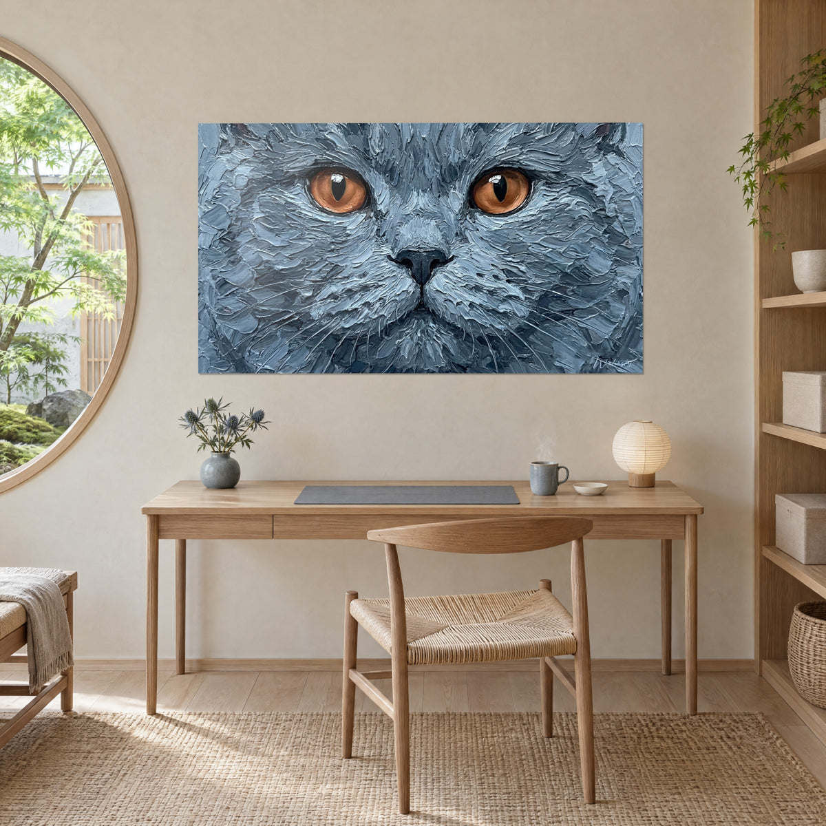 Tableau chat à la fourrure gris perle sculptée à la spatule, yeux ambrés brillants, accroché au-dessus d'un bureau en chêne clair