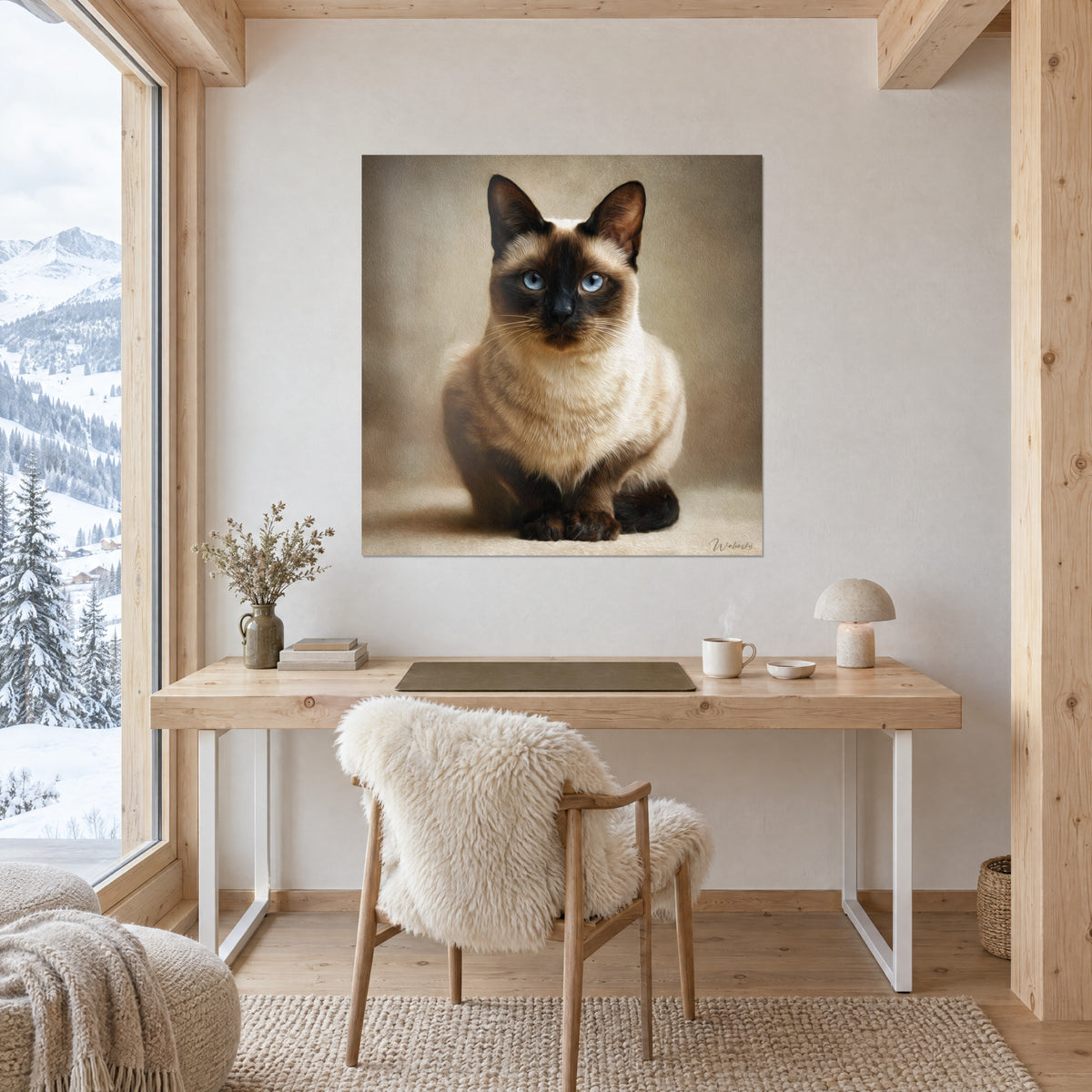Gemälde Katze mit sandfarbenem Fell, dunkler Maske und blauen Augen, über einem hellen Holzschreibtisch neben einem verschneiten Fenster