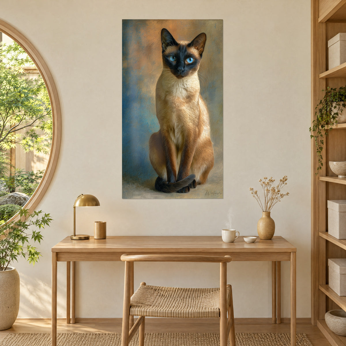 Gemälde Siamkatze mit durchdringendem Blick, gletscherblaue Augen und rehbraunes Fell, über einem Schreibtisch aus hellem Holz und einer goldenen Lampe
