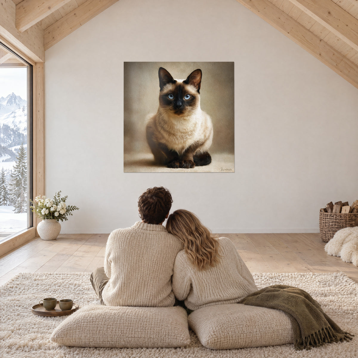 Gemälde Burmakater mit cremefarbener Brust und kakaobraunen Pfoten, bewundert von einem Paar von hinten auf beigen Kissen unter den Balken eines Chalets