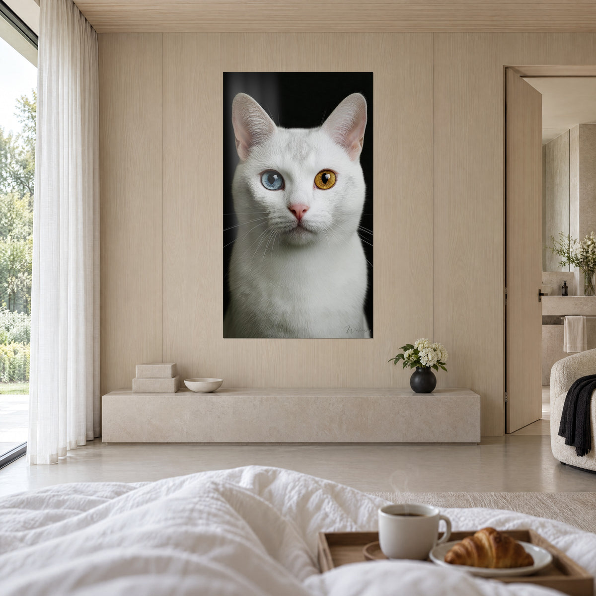Gemälde weißer Kater mit unterschiedlichen Augen, rosa Nase, tiefschwarzer Hintergrund, Halbmond-Ablage, über einem Bett in einem hellen Schlafzimmer