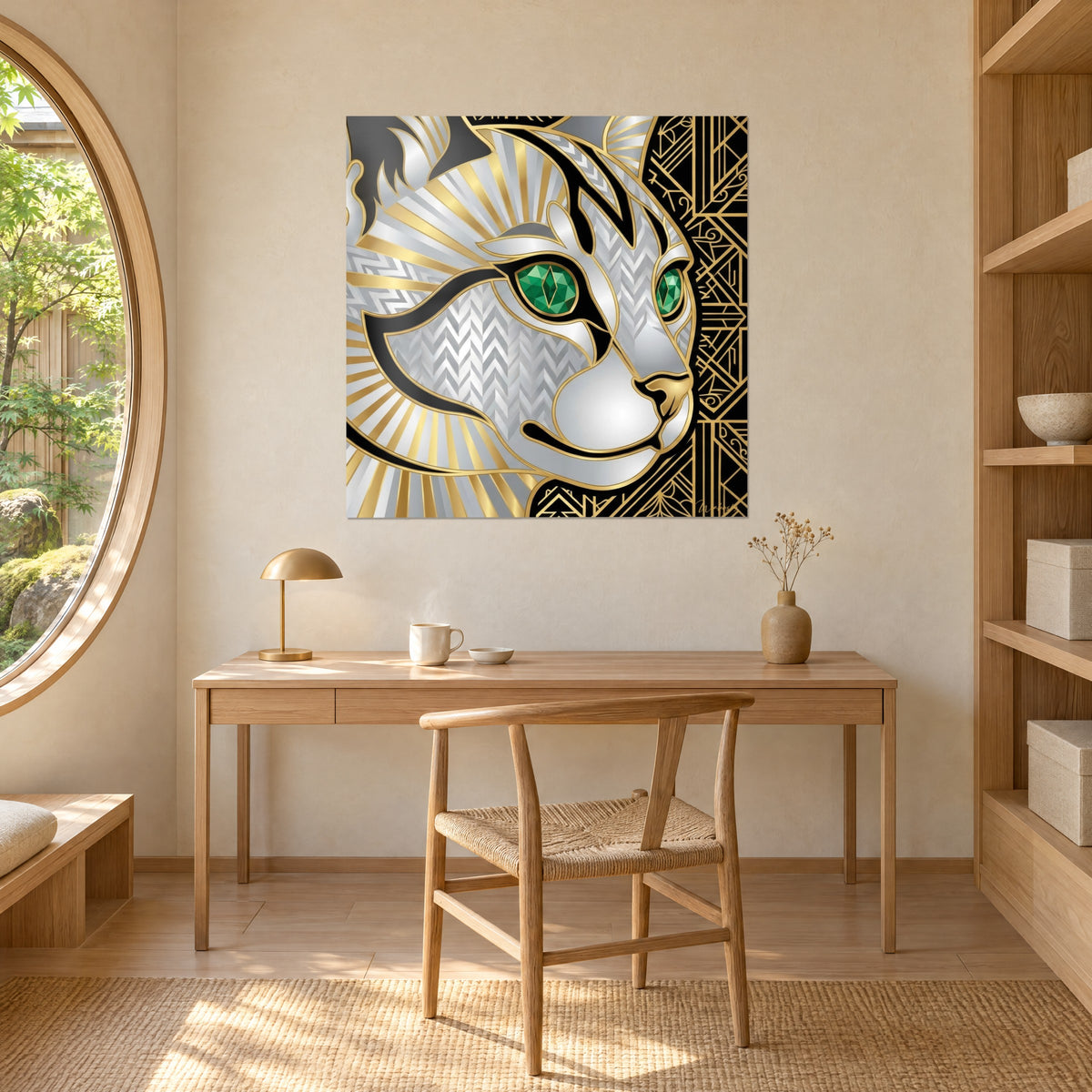 Πίνακας πρόσωπο γάτας Art Deco, σμαραγδένιο μάτι με facets και χρυσό μουσούδι, κρεμασμένος πάνω από γραφείο από ανοιχτόχρωμη δρυ