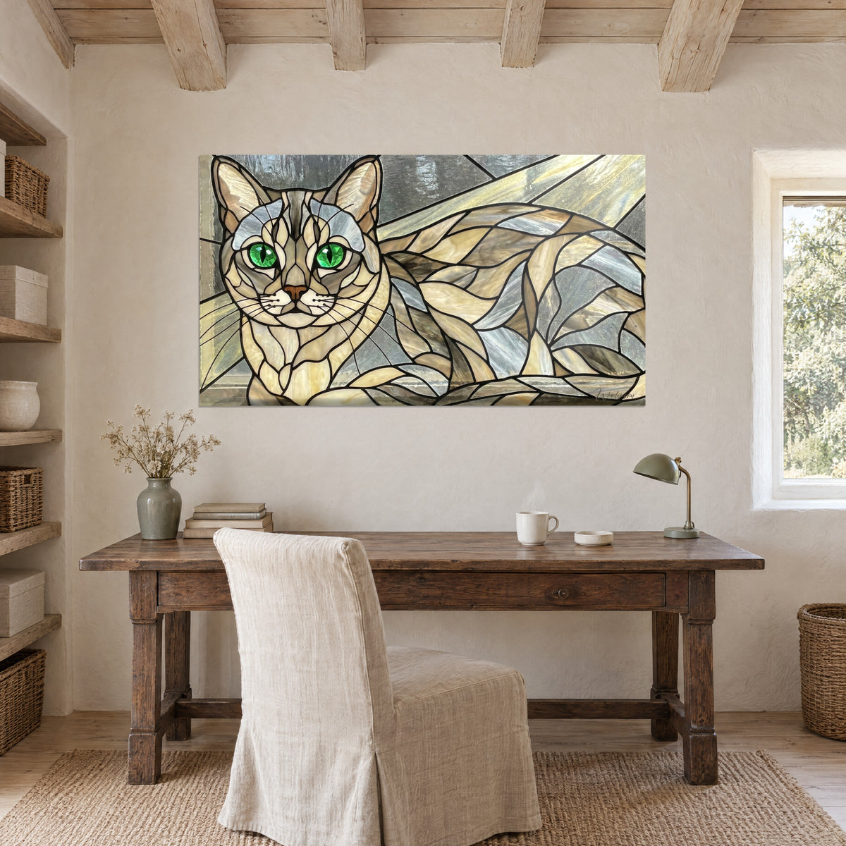 Cuadro gato atigrado en vidriera emplomada, hocico rosado y ojos esmeralda, sobre la pared enlucida y sobria de un despacho de madera en bruto