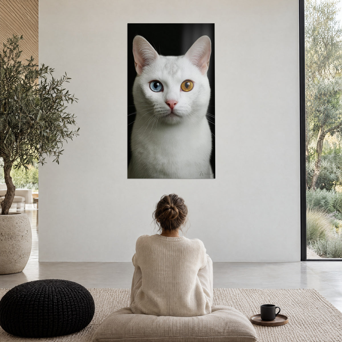 Gemälde Gesicht einer weißen Katze mit zweifarbigen Pupillen, schwarzer Hintergrund, Frau im Naturweiß-Pullover von hinten auf einem Kissen sitzend, weiße Wand
