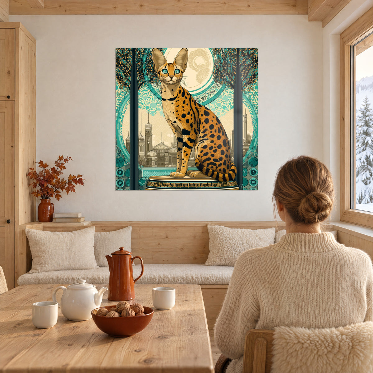 Tableau portrait d'un chat sauvage aux grandes oreilles, turquoise et orangé, face à une femme chignon de dos en chalet