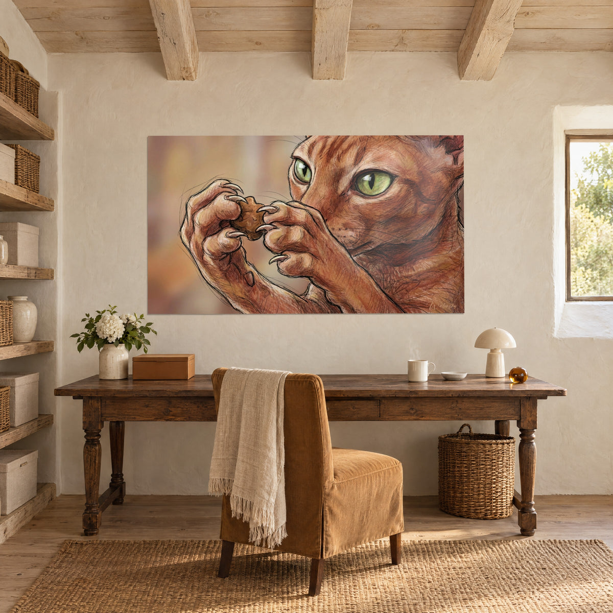 Πίνακας Cornish Rex σε κοντινό πλάνο, λεπτά μουστάκια, πορτοκαλί τρίχωμα και πράσινη ίριδα μήλου, πάνω από ξύλινο γραφείο