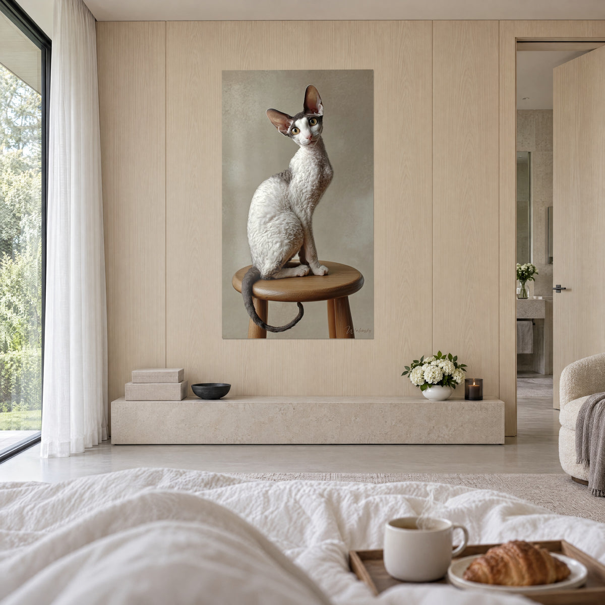 Πίνακας λεπτόσωμη σγουρή γάτα Cornish Rex σε μαργαριταρένιο λευκό και γκρι λεπίδας, καθισμένη σε καφέ σκαμπό, πάνω από κρεβάτι σε φωτεινή κρεβατοκάμαρα