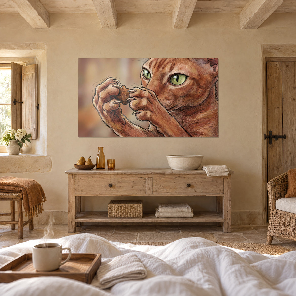 Πίνακας γάτος Cornish Rex που κρατά τη λιχουδιά του, θολό ροζ-ωχρό φόντο, πράσινο μάτι με σχισμή, πάνω από κρεβάτι σε φωτεινή κρεβατοκάμαρα