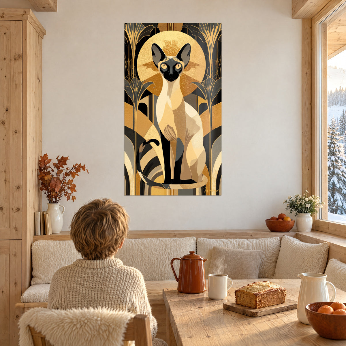 Πίνακας πορτρέτο γάτας Art Deco, τρίχωμα σε χρώμα άμμου και μαύρα πόδια, γκρι και χρυσή ραβδωτή ουρά, ζευγάρι από την πλάτη στην καλύβα