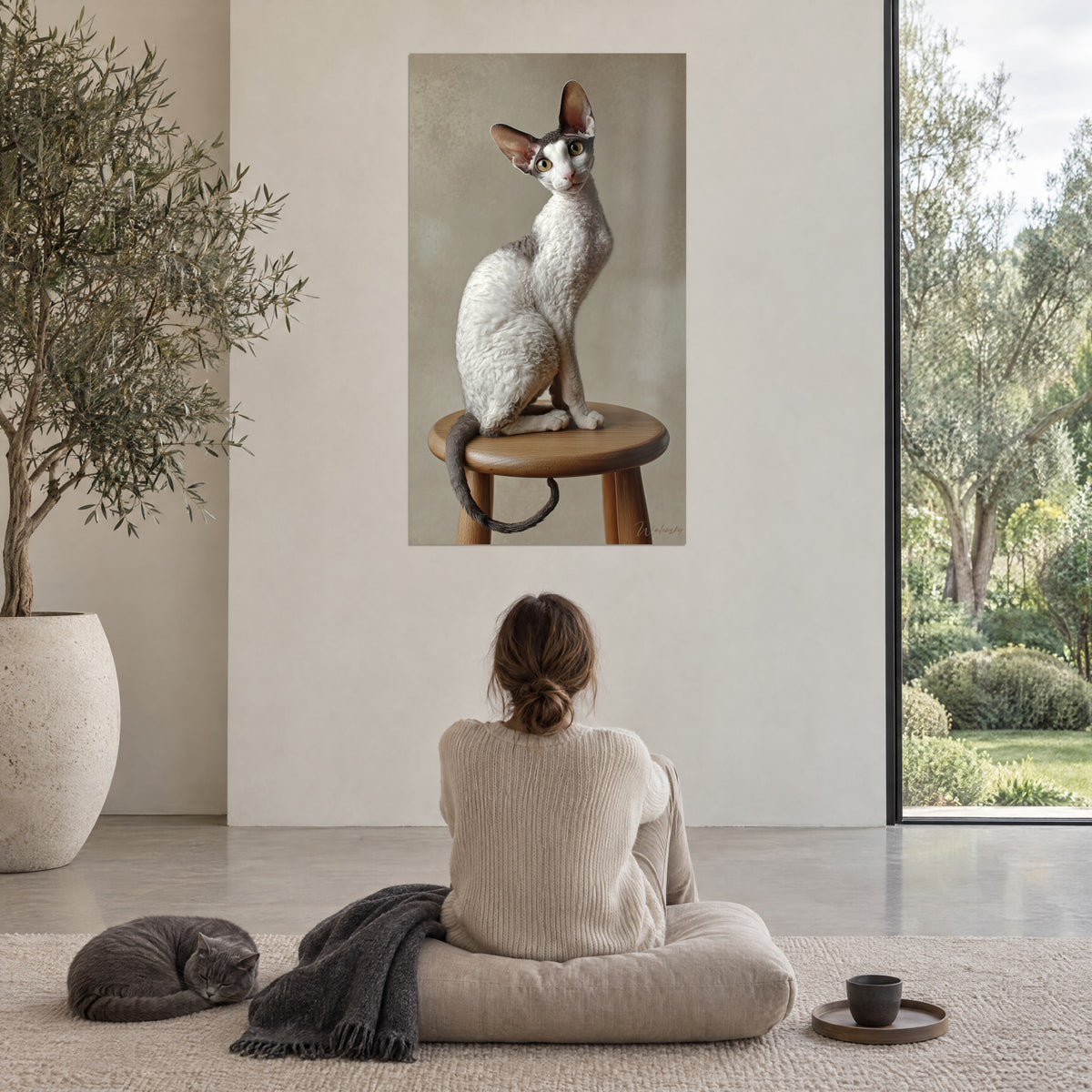 Πίνακας Cornish Rex με ορθάνοιχτα αυτιά, λευκό και γκρι τρίχωμα, ταupe φόντο, γυναίκα από την πλάτη καθισμένη σε μπεζ μαξιλάρι, ήρεμη γάτα