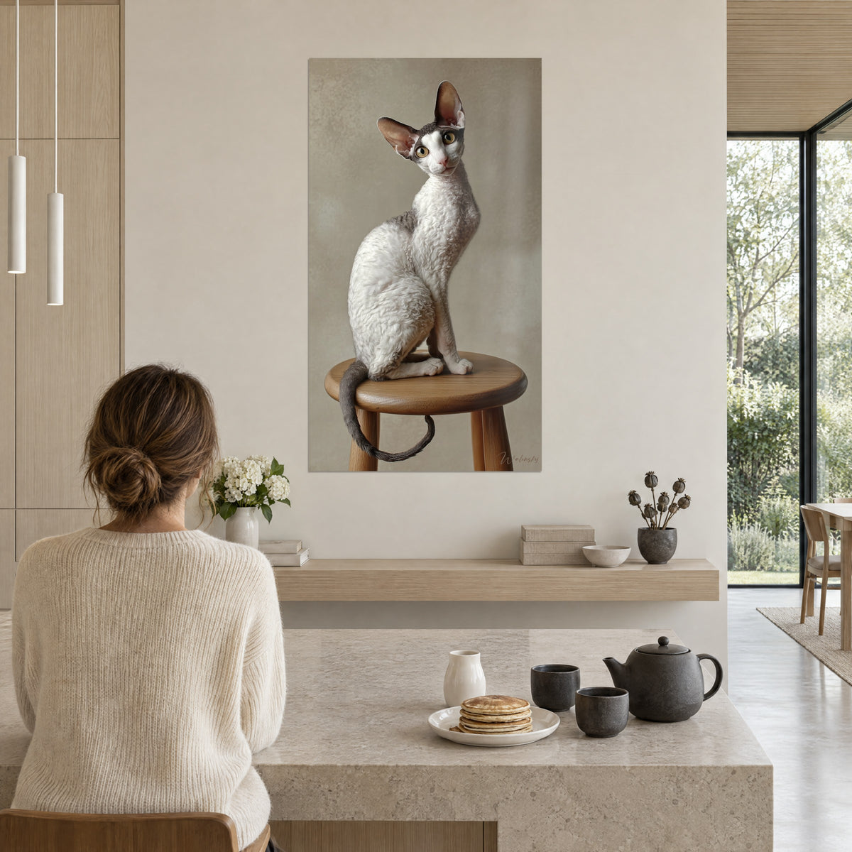Πίνακας πορτρέτο σγουρής γάτας sphynx, ανθρακί ουρά τυλιγμένη, μπεζ φόντο, γυναίκα με χαλαρό κότσο από την πλάτη κοντά σε πέτρινο νησί κουζίνας