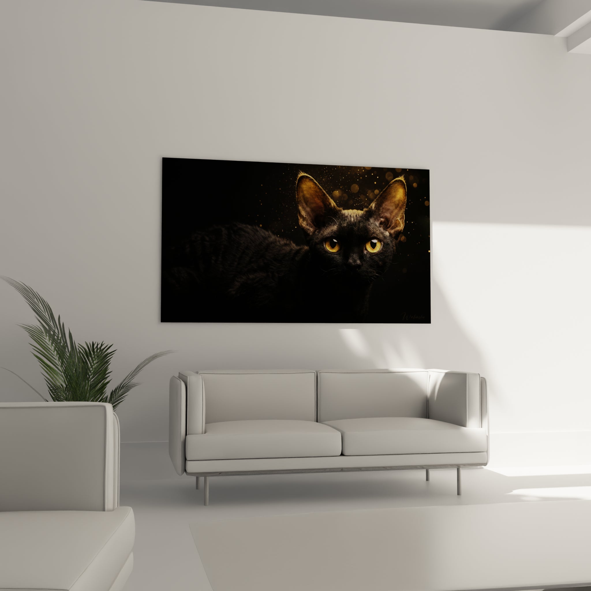 Oreilles ambrées dressées du Chat Devon rex noir, au-dessus d'un canapé dans un salon lumineux