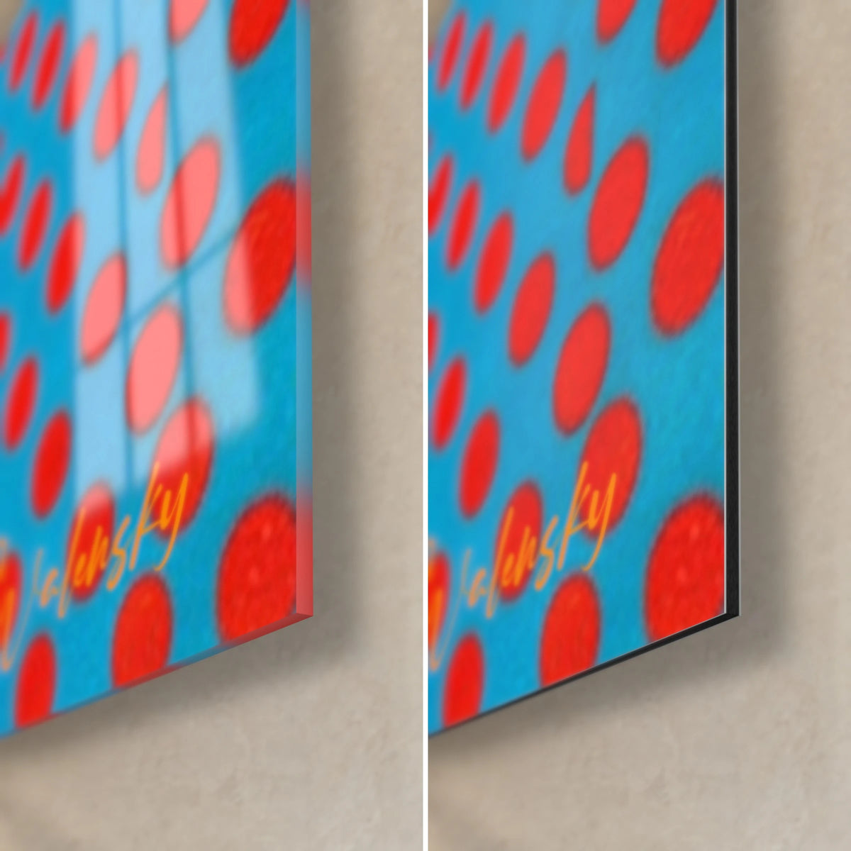 Tableau chat pop art aux pois rouges sur fond bleu, coin bas droit : verre acrylique brillant à gauche, Dibond mat à droite, tranche noire